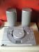 crown cd player and speakers. silver with blue light.